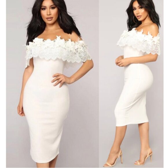 Fashion Nova NWT White Floral Lace Body con Midi Dress size L - Picture 12 of 12